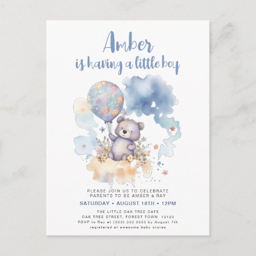 Blue Teddy Bear Balloon Cute Boy Baby Shower Invitation Postcard