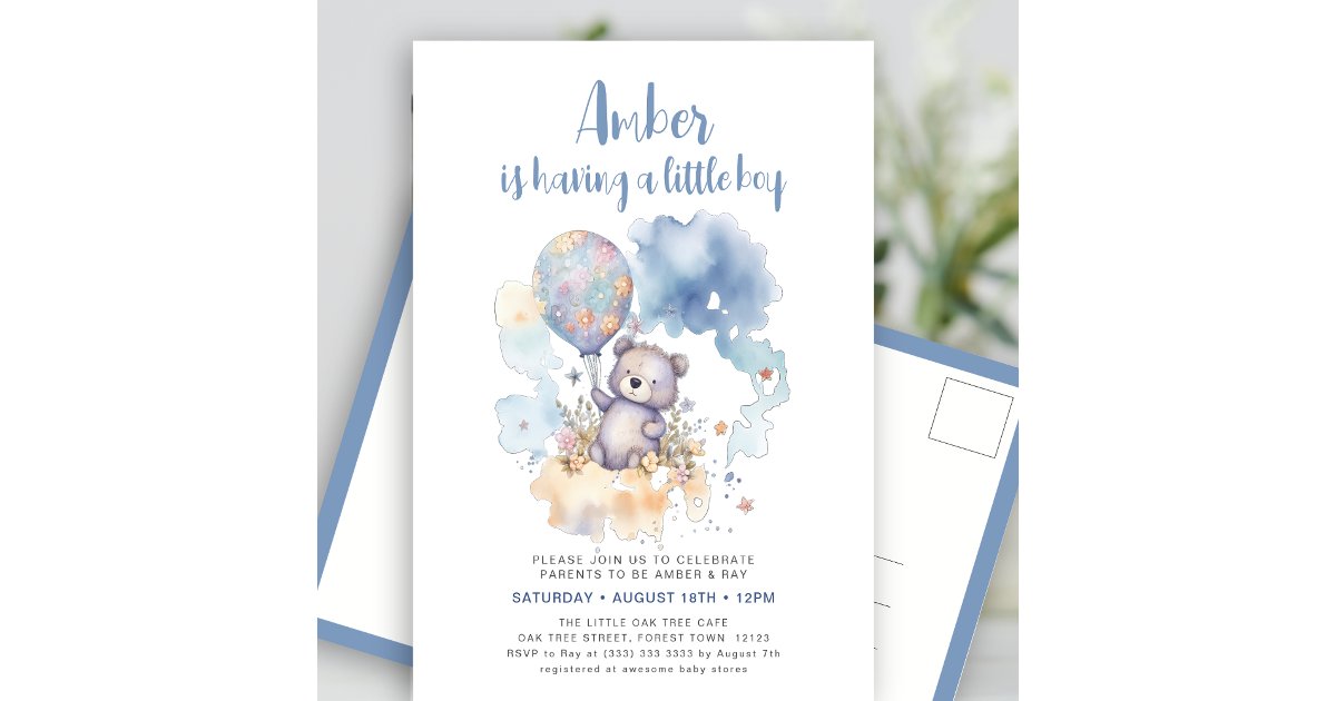 Blue Teddy Bear Balloon Cute Boy Baby Shower Invitation Postcard | Zazzle