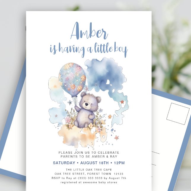 Blue Teddy Bear Balloon Cute Boy Baby Shower Invitation Postcard (Creator Uploaded)