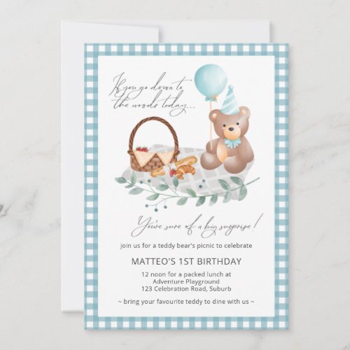 Blue Teddy Bear Balloon Picnic 1st Birthday Invita Invitation