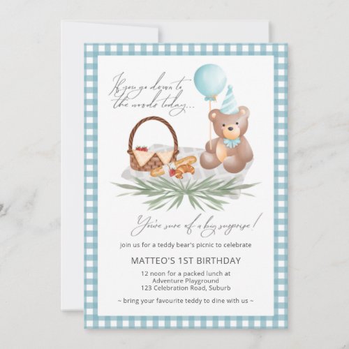 Blue Teddy Bear Balloon Picnic 1st Birthday Invitation