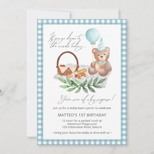 Blue Teddy Bear Balloon Picnic 1st Birthday Invitation