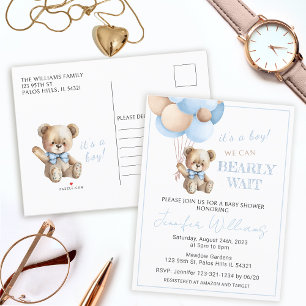 Blue teddy bear balloons baby boy shower postcard