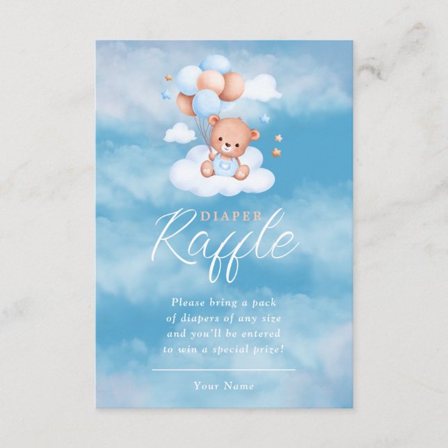 Blue Teddy Bear Balloons Baby Diaper Raffle Enclosure Card (Front)