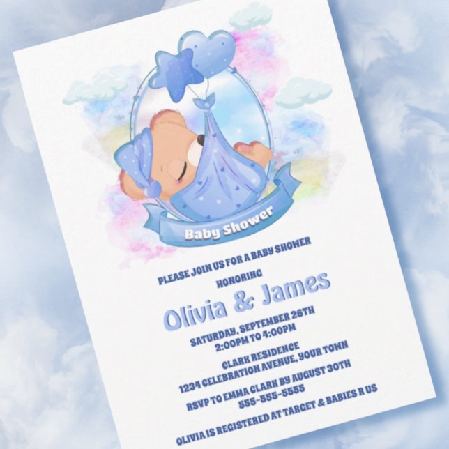 Blue Teddy Bear Balloons Baby Shower Invitation (Creator Uploaded)
