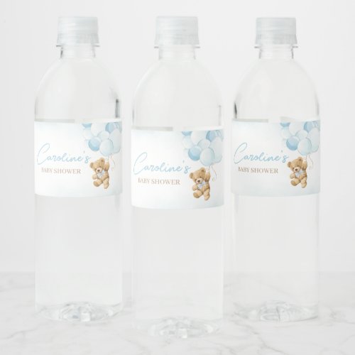Blue Teddy Bear Balloons Baby Shower  Water Bottle Label