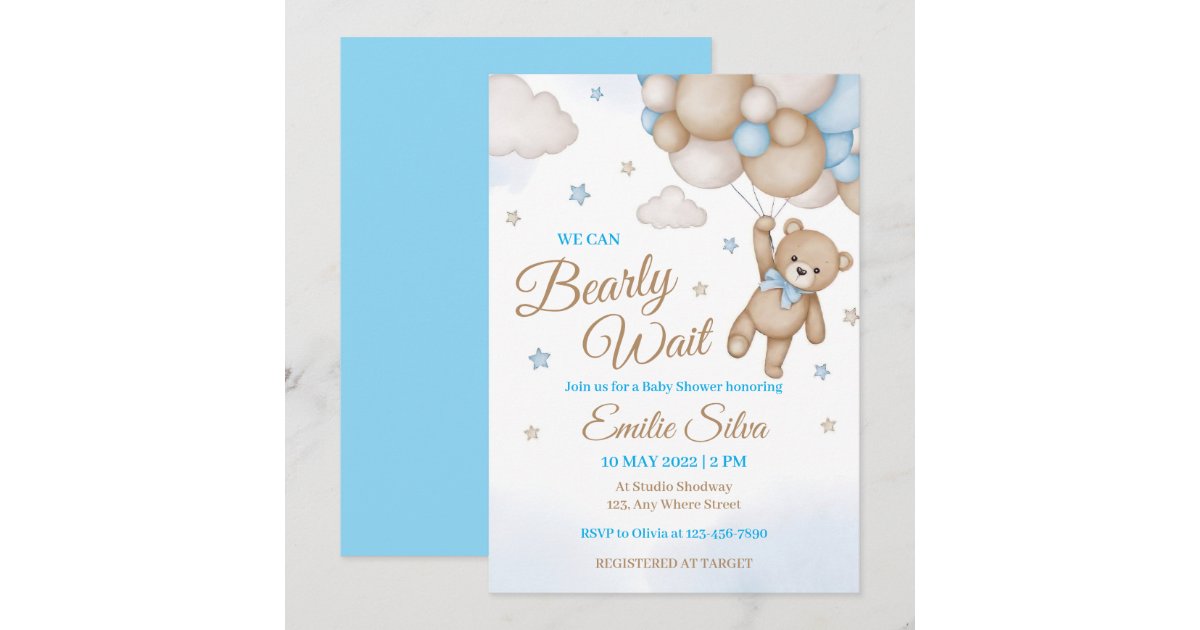Blue Teddy Bear Balloons Boy Baby Shower Invitation | Zazzle