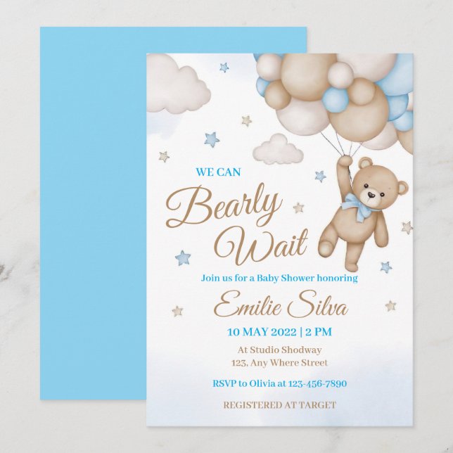 Blue Teddy Bear Balloons Boy Baby Shower Invitation (Front/Back)