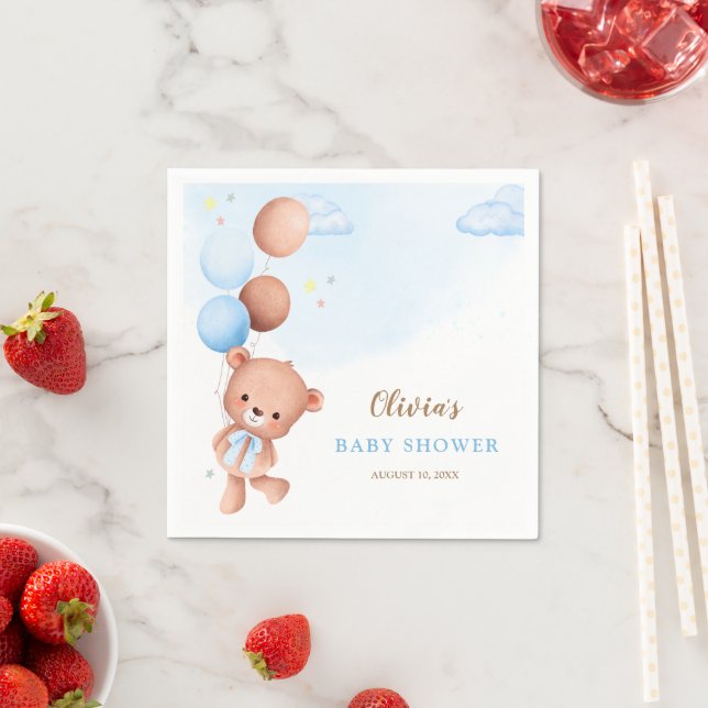 Blue Teddy Bear Balloons Boy Baby Shower Napkins (Insitu)
