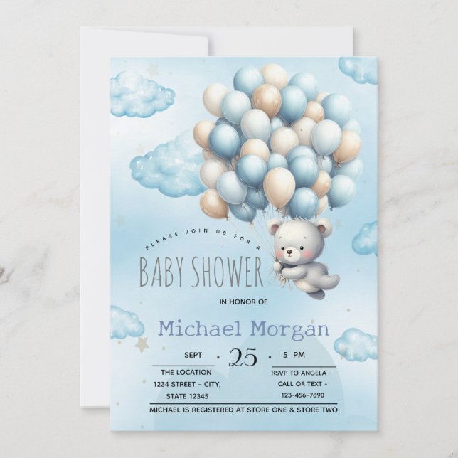 Blue Teddy Bear Balloons Clouds Baby Shower Invitation (Front)