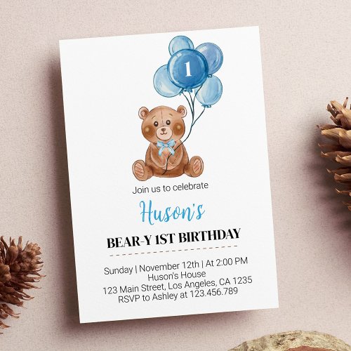 Blue Teddy Bear Balloons First Birthday Invitation