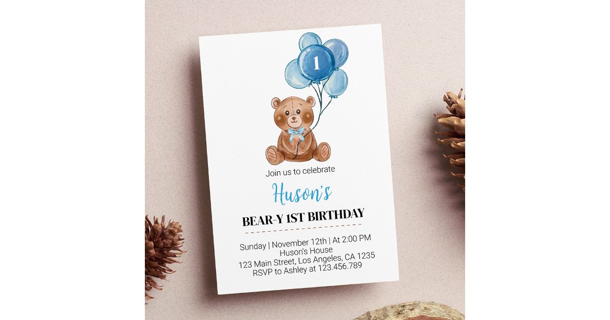 Blue Teddy Bear Balloons First Birthday Invitation | Zazzle