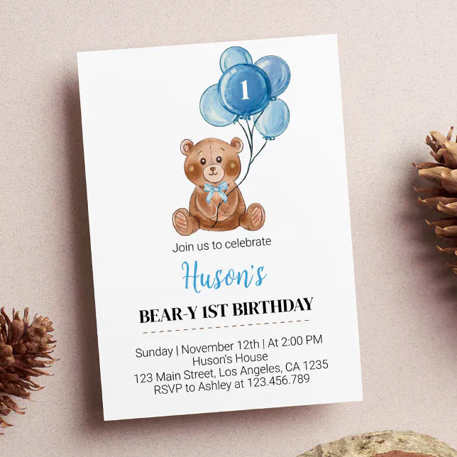 Blue Teddy Bear Balloons First Birthday Invitation | Zazzle
