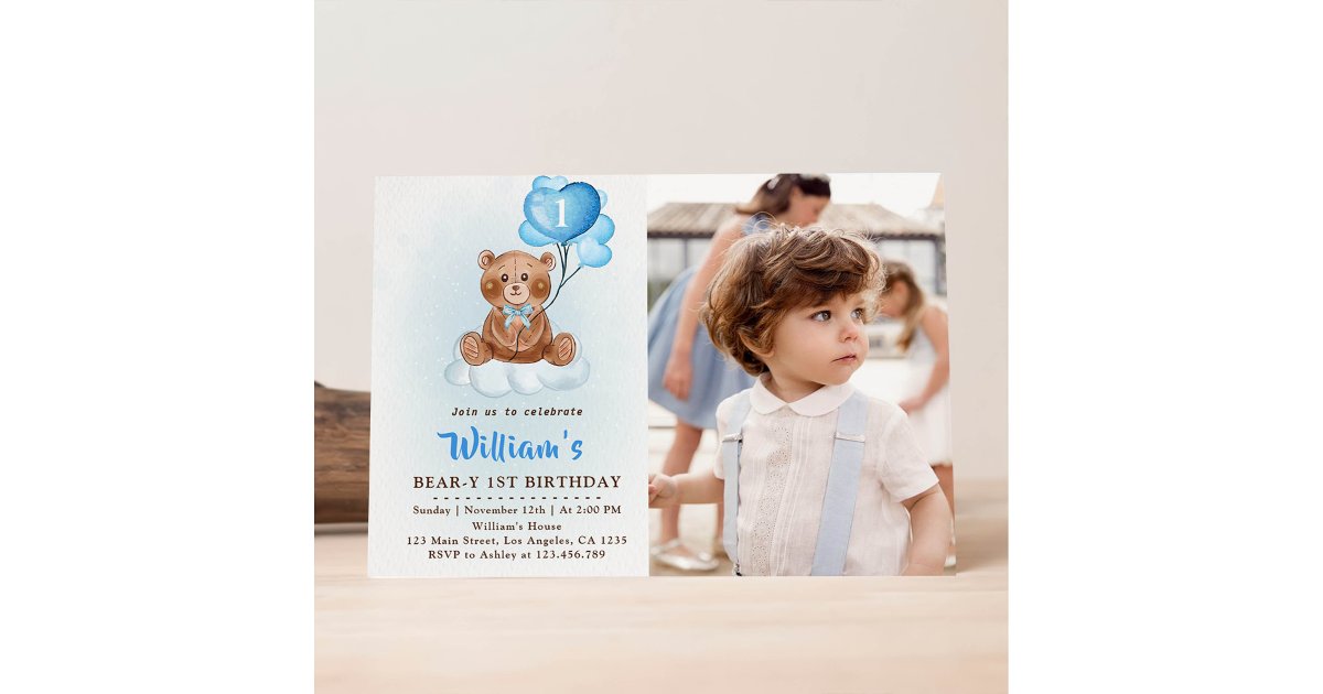 Blue Teddy Bear Balloons First Birthday Photo Invitation | Zazzle