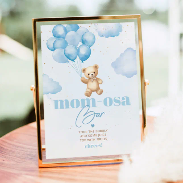 Blue teddy bear balloons mom-osa bar poster | Zazzle