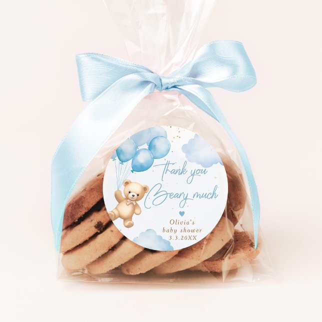 Blue teddy bear balloons Thank you beary much Classic Round Sticker (Creator Uploaded)