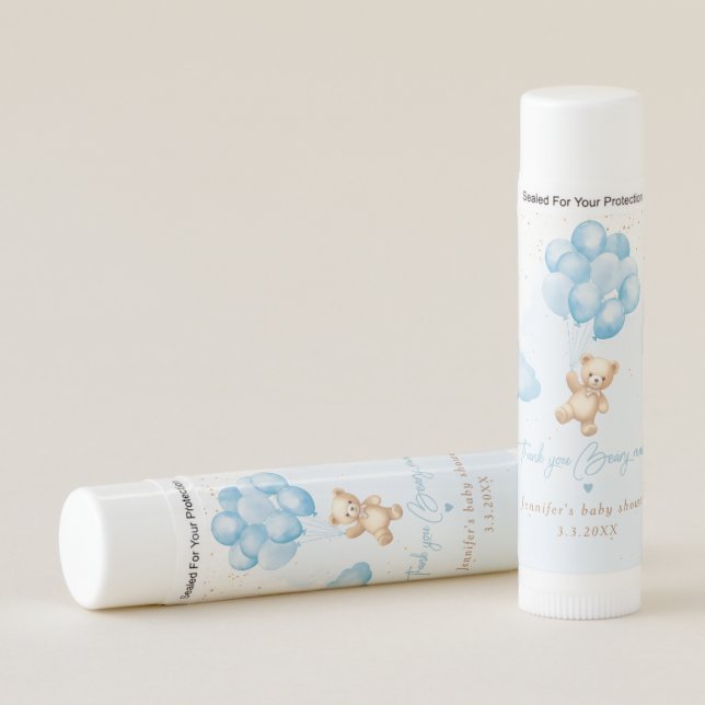 Blue teddy bear balloons thank you beary much lip balm (Front)