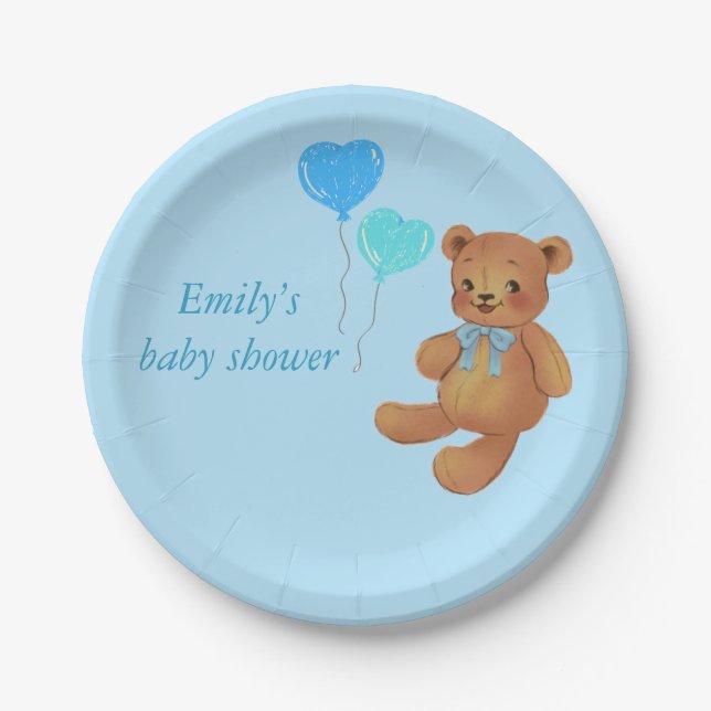 Blue Teddy Bear & Balloons Wrapping  Paper Plates (Front)