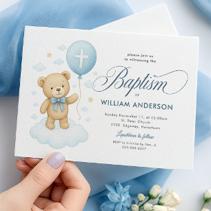 Blue Teddy Bear Baptism Invitation for Boy Cross