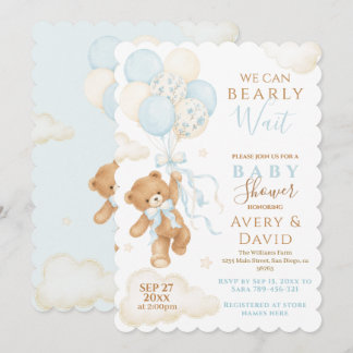 Blue Teddy Bear Bearly Wait Baby Shower Boy Invitation