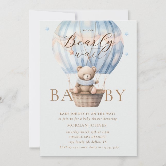 Blue Teddy Bear Bearly Wait Baby Shower Invitation (Front)
