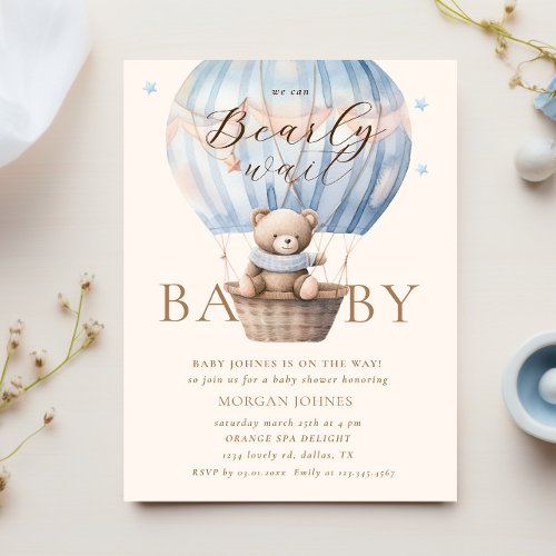 Blue Teddy Bear Bearly Wait Baby Shower Invitation