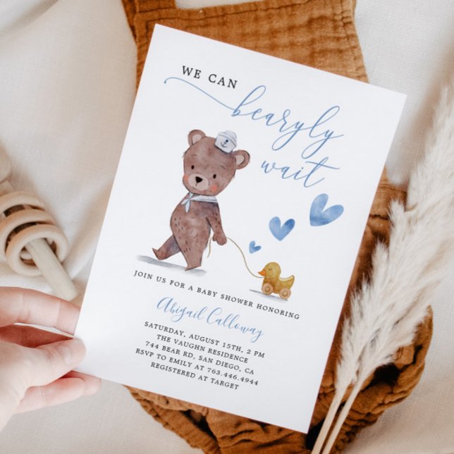 Blue Teddy Bear Bearly Wait Baby Shower Invitation (Creator Uploaded)