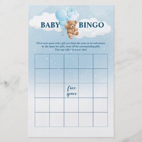 Blue Teddy Bear BINGO Baby Shower Games Flyer