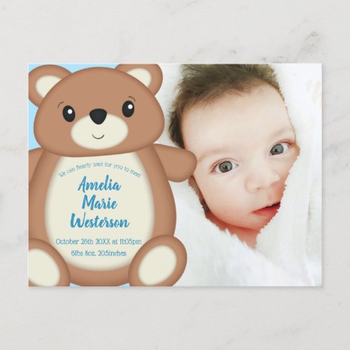 Blue Teddy Bear Birth Announcement Postcard