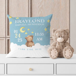 Blue Teddy Bear Birth Stats Nursery Pillow