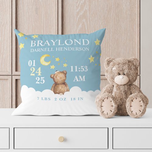 Blue Teddy Bear Birth Stats Nursery Pillow