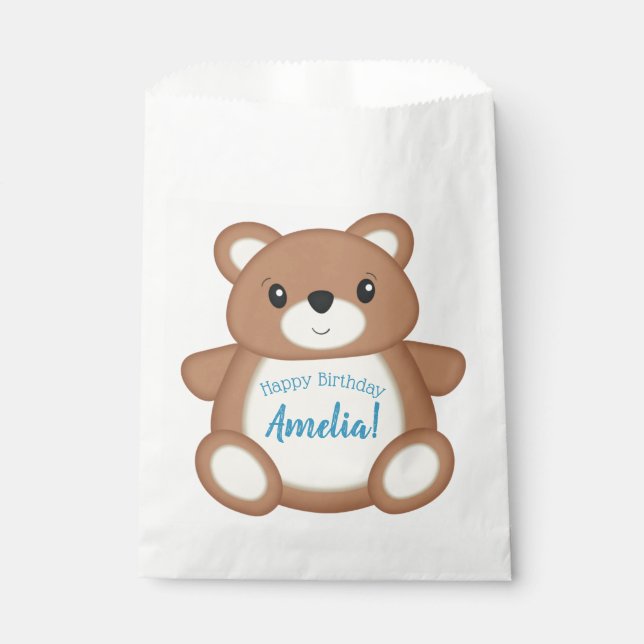 Blue Teddy Bear Birthday Party Favor Bag (Front)