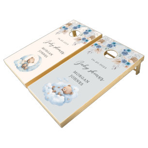 Blue Teddy Bear Boho Baby Shower cornhole set