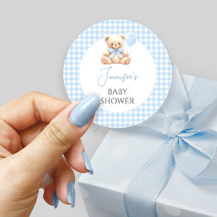 Blue Teddy Bear Bow Balloon Baby Boy Shower  Classic Round Sticker