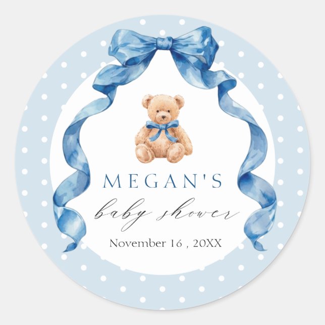 Blue Teddy Bear Boy Baby Shower  Classic Round Sticker (Front)