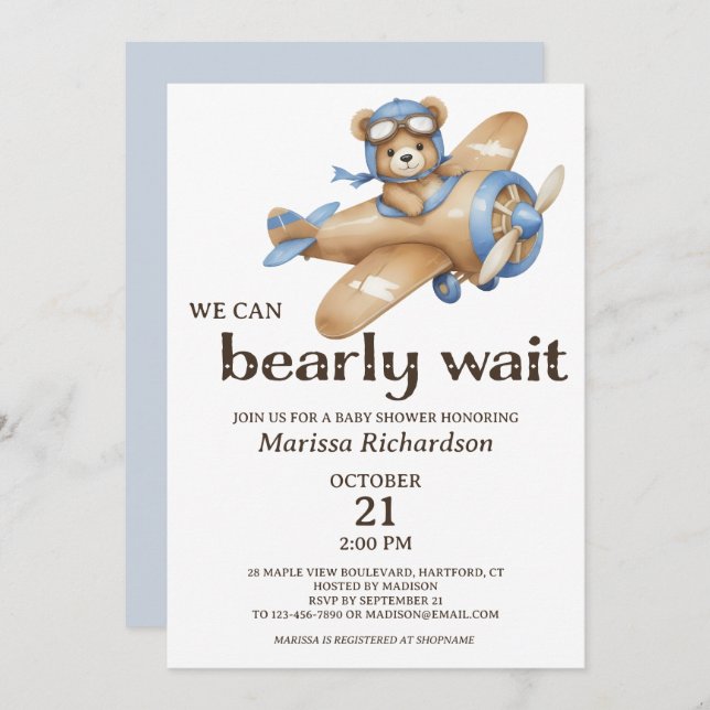 Blue Teddy Bear Boy Baby Shower Invitation (Front/Back)