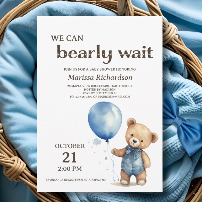 Blue Teddy Bear Boy Baby Shower Invitation (cute elegant custom we can bearly wait teddy bear blue baby boy shower invitation)