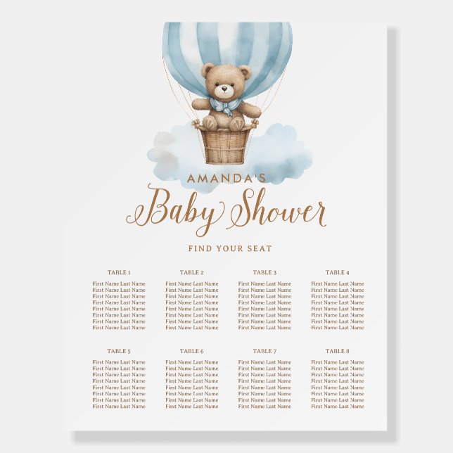 Blue Teddy Bear Boy Baby Shower Seating Chart Foam Board (Front)