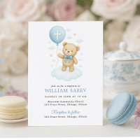 Blue Teddy Bear Boy Baptism Invitation