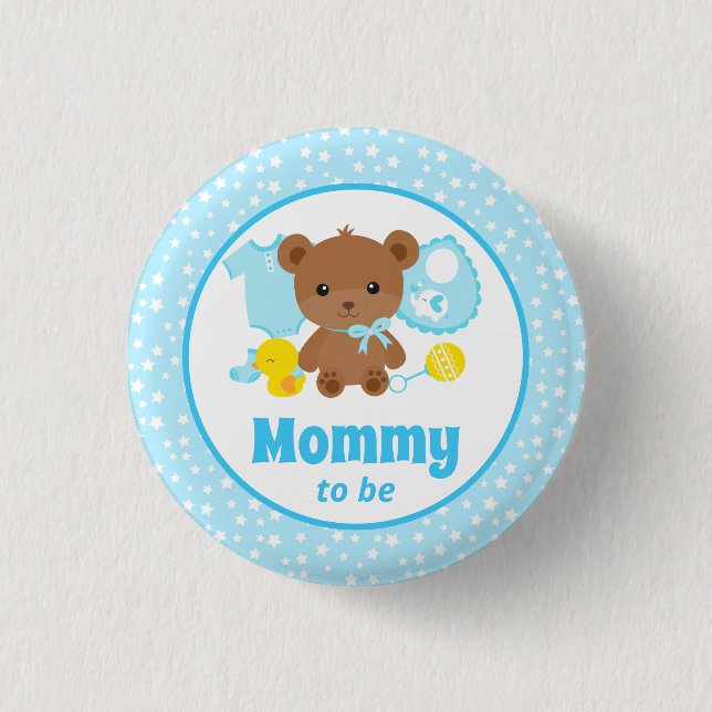 Blue Teddy Bear Clothes Baby Shower Mommy to Be Button (Front)
