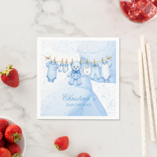 Blue Teddy Bear Clothesline Baby Shower Napkins