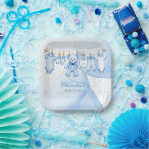 Blue Teddy Bear Clothesline Baby Shower Paper Plates