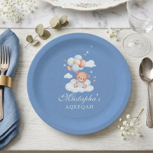 Blue Teddy Bear Cloud Balloon Aqeeqah Baby Boy Paper Plates