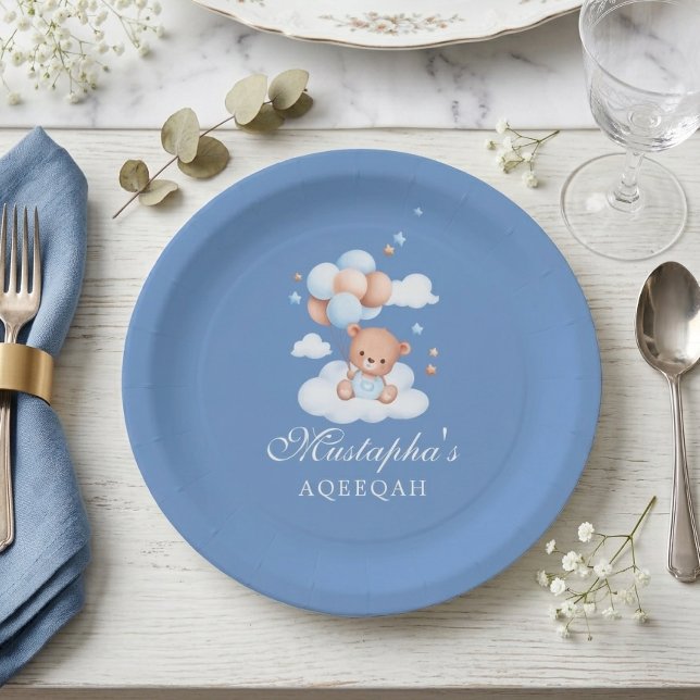 Blue Teddy Bear Cloud Balloon Aqeeqah Baby Boy  Paper Plates (Creator Uploaded)