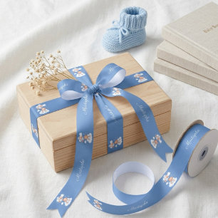 Blue Teddy Bear Clouds Aqeeqah Baby Boy Personaliz Satin Ribbon