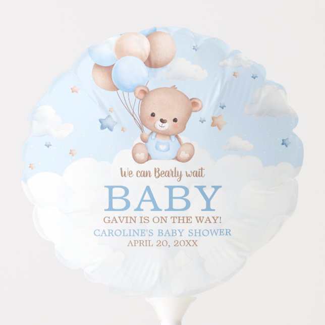 Blue Teddy Bear Clouds Balloon Baby Shower (Front)