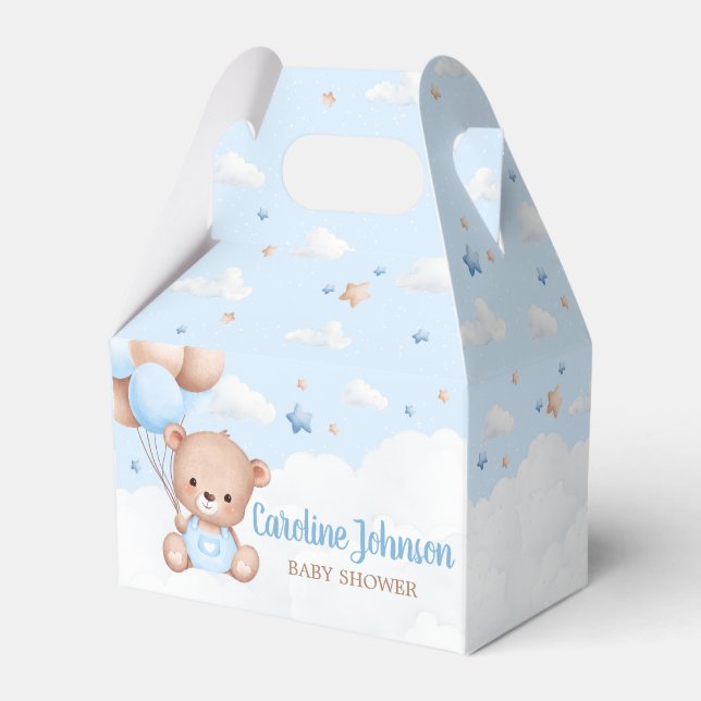 Blue Teddy Bear Clouds Balloon Baby Shower Favor Boxes (Front Side)