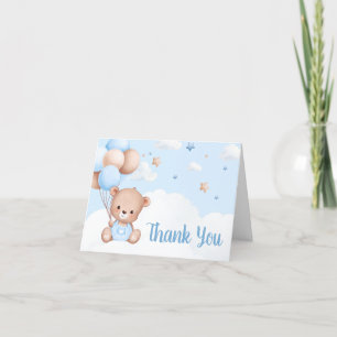 Blue Teddy Bear Clouds Balloon Baby Shower Letterpress Thank You Card