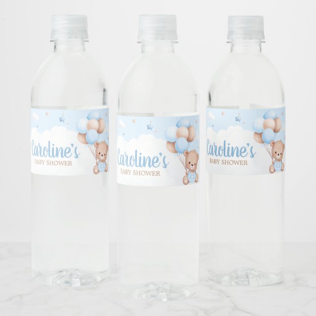 Blue Teddy Bear Clouds Balloon Baby Shower Water Bottle Label (Bottles)