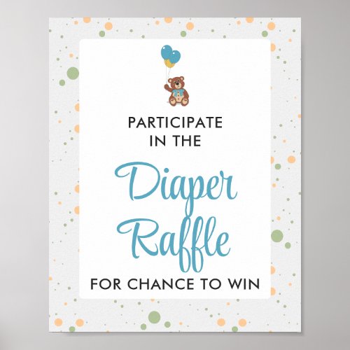 Blue Teddy Bear Cub Baby Shower Diaper Raffle Game Poster